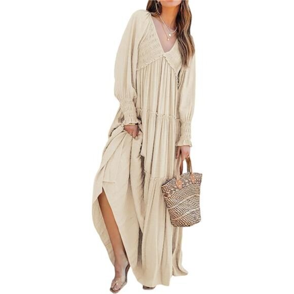 Maxi Dress for Women Long Sleeve V Neck Empire Waist Layered Ruffle - Picture 1 of 7